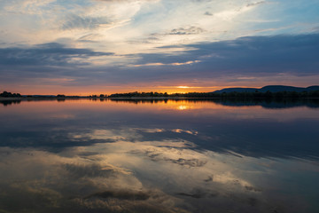 Sunset on a lake in Hohenrode in Germany