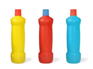 Color bottles with cleaning Chemical solution supplies isolated on white background. This has clipping path