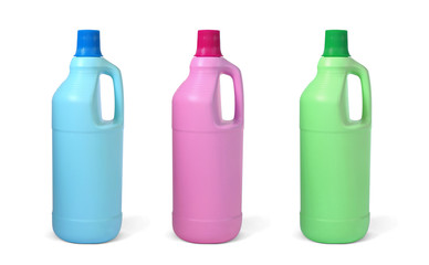 Color bottles with cleaning Chemical solution supplies isolated on white background. This has clipping path