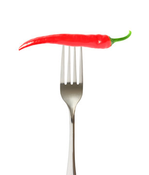Hot red chili pepper one single whole on impaled on a fork isolated on white background with clipping path. © elenvd
