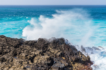 Spain, Lanzarote, Heavy strong currents causing giant waves at rocky coast splashing to spindrift