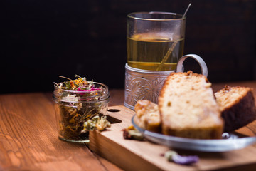 homemade pie with cup of tea