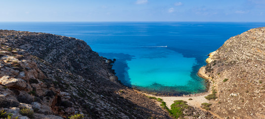 View of Cala Pulcino famous sea place of Lampedusa