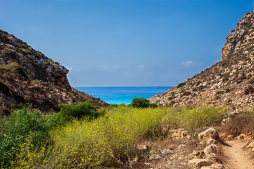 Fototapeta na wymiar View of Cala Pulcino famous sea place of Lampedusa