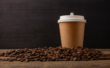 Crafts cup on a wooden table with copy space. mockup