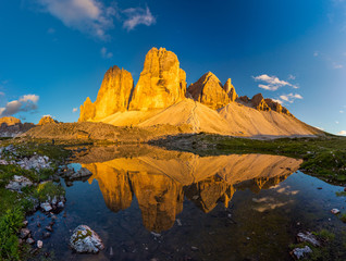 Beautiful sunset at Tre Cime di Lavaredo trail in South Tyrol, northern Italy