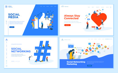 Web page design templates collection of social media, online communication, networking, digital marketing. Flat design vector illustration concepts for website and mobile website development.