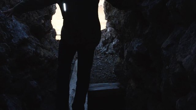 Person Enter Old Mine Tunnel Close