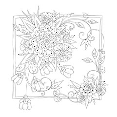 Hand drawn backdrop. Coloring book, page for adult and older children. Black and white abstract floral pattern. Vector illustration. Design for meditation.
