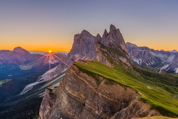 Beautiful sunrise and Odle Mountain landscape in Dolomites, Italy