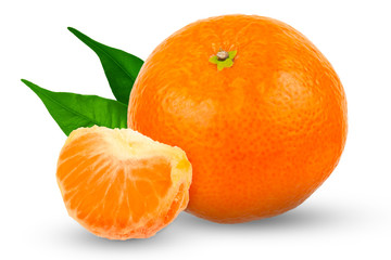 Whole tangerine peel with a slice of tangerine on a white background