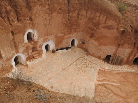 Troglodyte homes and underground caves of the Berbers in Sidi Driss, Matmata, Tunisia, Africa, on a clear day.