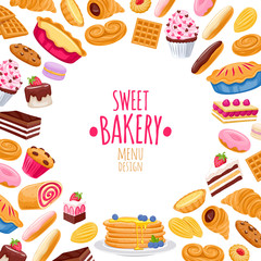 Sweet pastry background. Vector bakery products.