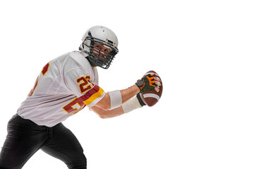 Football Player in action with ball in the hand isolated on white background.