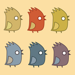 Tufted birds flat icon with black contour set. Funny chick with mouth open isolated, vector illustration