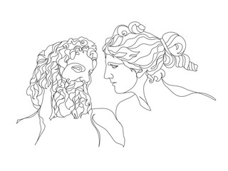 One line drawing sketch. Couple sculpture. Modern single line art, aesthetic contour. Perfect for home decor such as posters, wall art, tote bag, t-shirt print, sticker