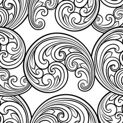 Seamless baroque scrolls line pattern in eastern or arabic style. Exquisite monochrome texture. Black and white graphic background, lace pattern