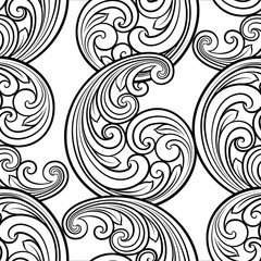 Seamless baroque scrolls line pattern in eastern or arabic style. Exquisite monochrome texture. Black and white graphic background, lace pattern