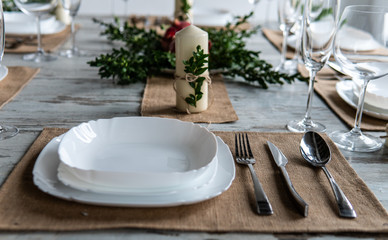 Beautiful table setting with lavender flowers on wooden background
