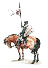 Fototapeta premium Medieval mounted knight. Templar knight on horseback.Knight illustration.