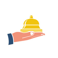 Silhouette bell icon holding in hand. Bell on reception for the hotel and hospital. Service object isolated on white background. Vector illustration flat design.