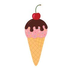 Cherry ice cream with chocolate in a waffle cone
