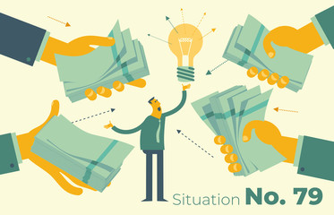 Business infographics. Flat design illustration for presentation, web, landing page: A man shows a lamp idea, hands give him money. Investment in the project.