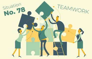 Business infographics. Flat illustration design for presentation, web, landing page: a team of men and women build a puzzle. Teamwork. Project work. Goal achievement, career, profession.