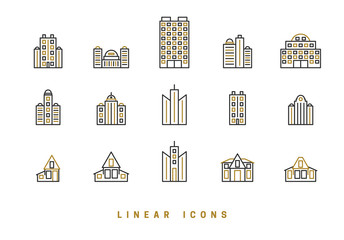 Icons houses, high-rise buildings in linear style. Architectural structure of home skyscrapers icon vector graphic