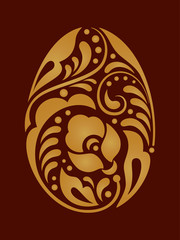Vector easter egg in traditional russian folk style in gold on dark background. Template for a poster, cards, banner, invitation, flyer.  Ethnic floral ornament. Isolated vector