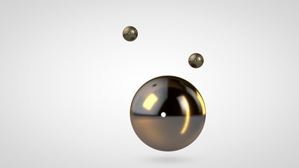 3D illustration of a Golden ball surrounded by two small balls isolated on a white background. Abstract representation of geometric shapes. 3D rendering