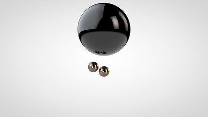 3D illustration of a black, glossy ball surrounded by two small balls isolated on a white background. Abstract representation of geometric shapes. 3D rendering
