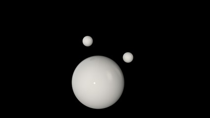 3D illustration of a white large ball surrounded by two small white balls isolated on a black background. Abstract representation of geometric shapes. 3D rendering