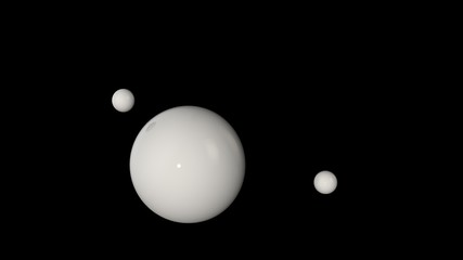 3D illustration of a white large ball surrounded by two small white balls isolated on a black background. Abstract representation of geometric shapes. 3D rendering