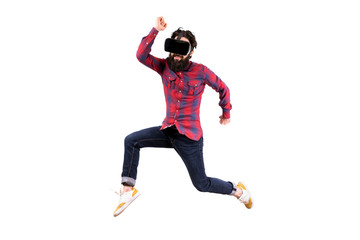 jumping bearded hipster in glasses of virtual reality, isolated on white background