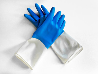 pair of nitrile blue gloves isolated on white background. Closeup top view. housework concept. General or regular cleanup. Commercial cleaning company
