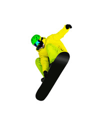 Young active man jumping grab on snowboard and isolated on white background