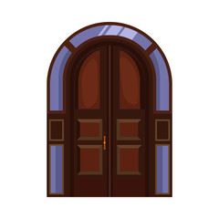Arched double door. Heavy wooden door heavy with handle. Vector illustration can be used for topics like architecture, restaurant, hotel, hall, entrance