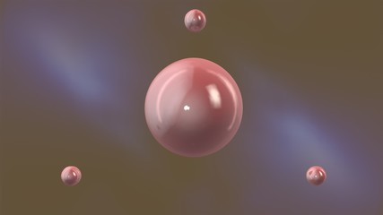 3D illustration of a pink ball in the center and drops of pink color nearby, ready to merge into one. Abstract image. 3D rendering.