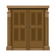 Brown double front door with handles. Hall, facade, entrance. Vector illustration can be used for topics like exterior, architecture, building