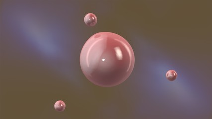 3D illustration of a pink ball in the center and drops of pink color nearby, ready to merge into one. Abstract image. 3D rendering.