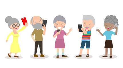 old people with smartphone, elderly with Mobile, senior with gadgets, People with their smartphone,person on social network, Smartphone addiction Isolated on white background