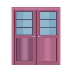 Purple double door with handles and glass. Hall, facade, entrance. Vector illustration can be used for topics like doorway, exterior, shop, store