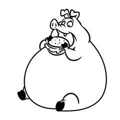 Fat pig eats fast food hamburger cartoon illustration isolated image coloring page