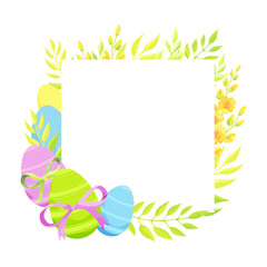 Happy Easter frame template with eggs and flowers. 