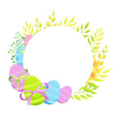 Happy Easter frame template with eggs and flowers. 