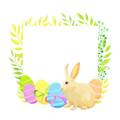 Happy Easter frame template with rabbit, eggs and flowers.