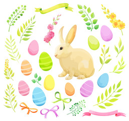 Set of Easter design elements. Eggs, flowers, rabbit, ribbons. -