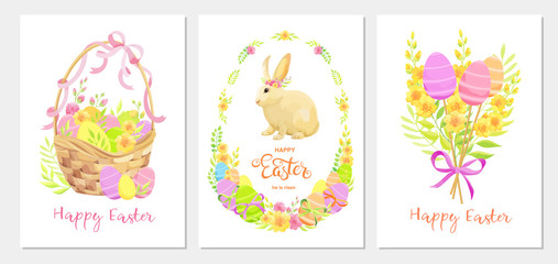 Happy Easter greeting card template set with rabbit, flowers, green leaves and eggs.