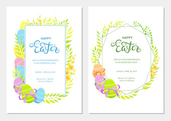 Happy Easter invitation with flowers, green leaves and eggs border. Easter invite modern card template set. 
